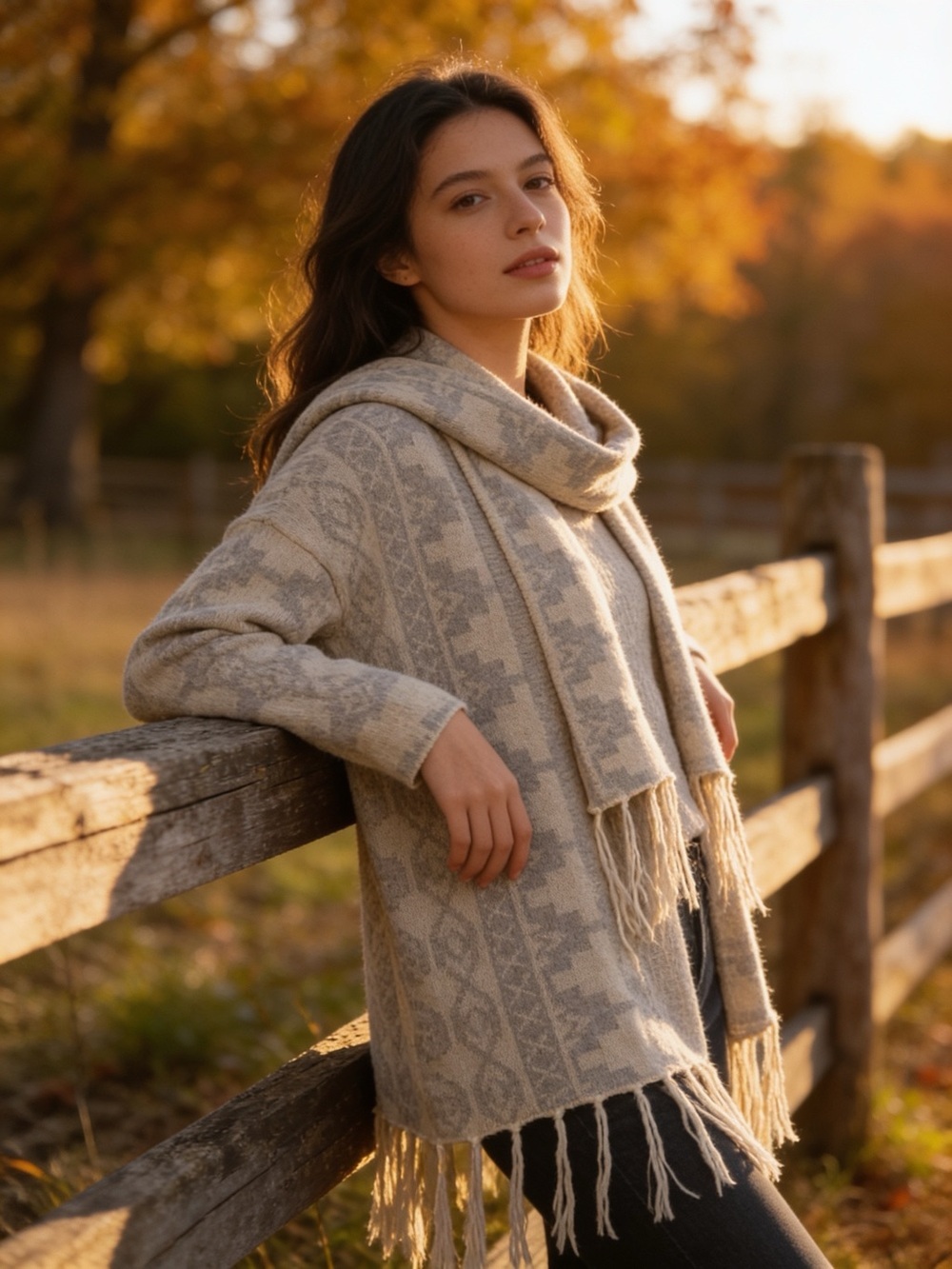 Caslon Neutral Patterned Hooded Fringe Cardigan in Gray and Cream
